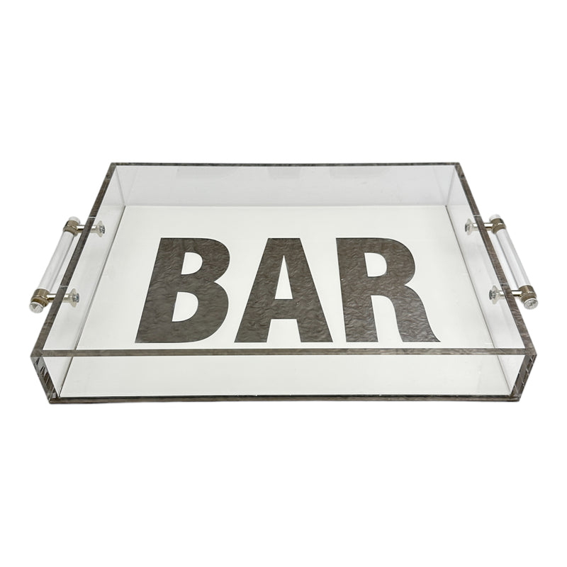 acrylic tray with the word BAR in silver marble and white background.
