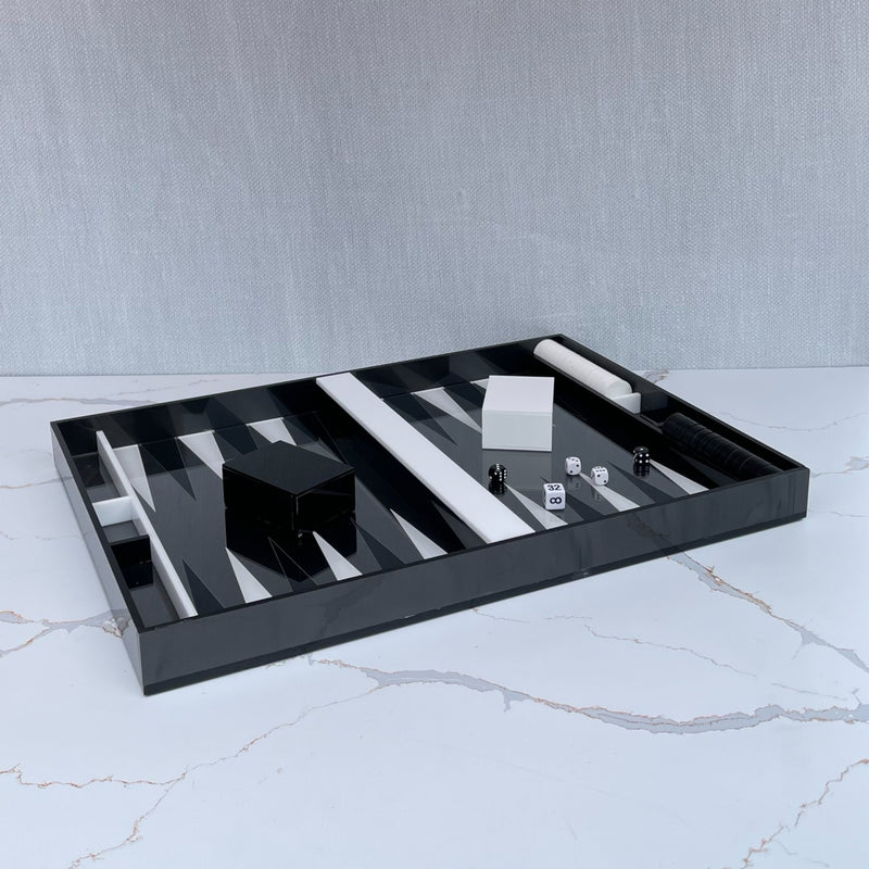 Backgammon set in black marble and white and black detail, clear acrylic lid
