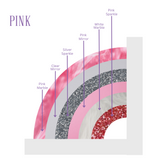 diagram of our rainbow and initial bookend set with labels showing color placement for easy ordering, pink 