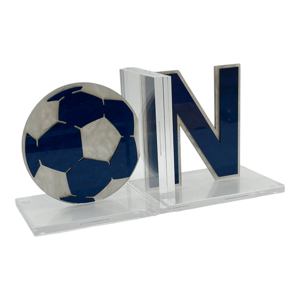 initial and soccer ball bookend set in silver marble, blue marble acrylic