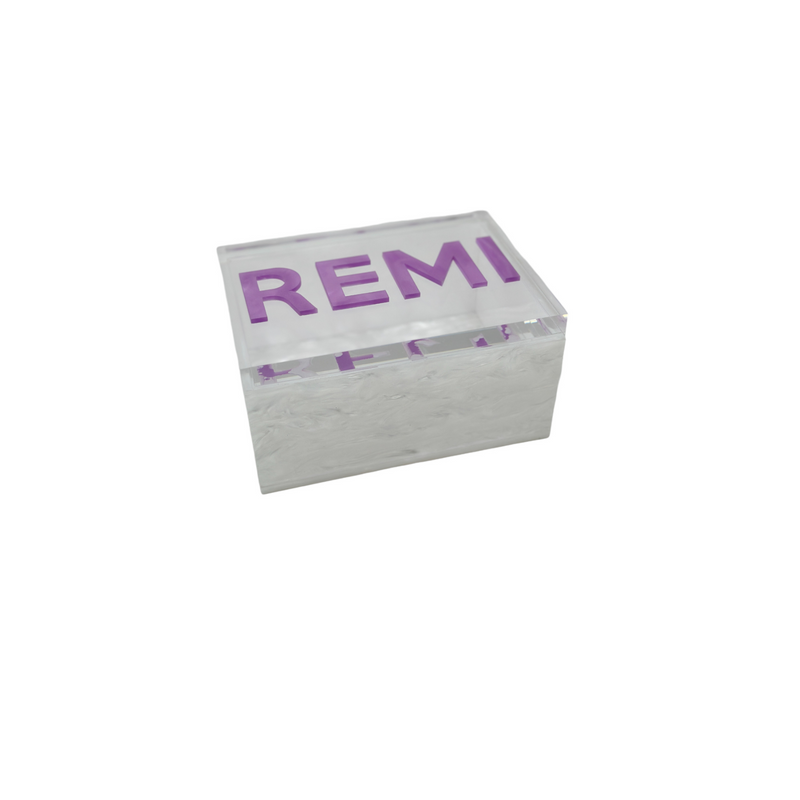 5x7 solid acrylic box with a clear lid featuring a name in lavender marble letters.