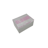 5x7 solid acrylic box with a clear lid featuring a name in pink marble letters.