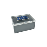 grey solid box with clear lid featuring three initials in double layer acrylic.