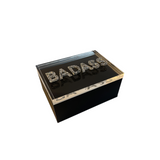 5x7 solid acrylic box with a clear lid featuring the WORD BADASS in silver flake letters.