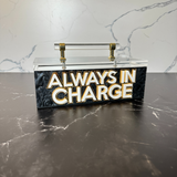 acrylic storage box with handle that says ALWAYS IN CHARGE in double layer letters, great for electronical devices.