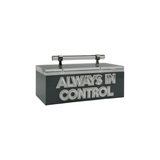 acrylic remote control box in grey that says ALWAYS IN CONTROL in double layer lettering.