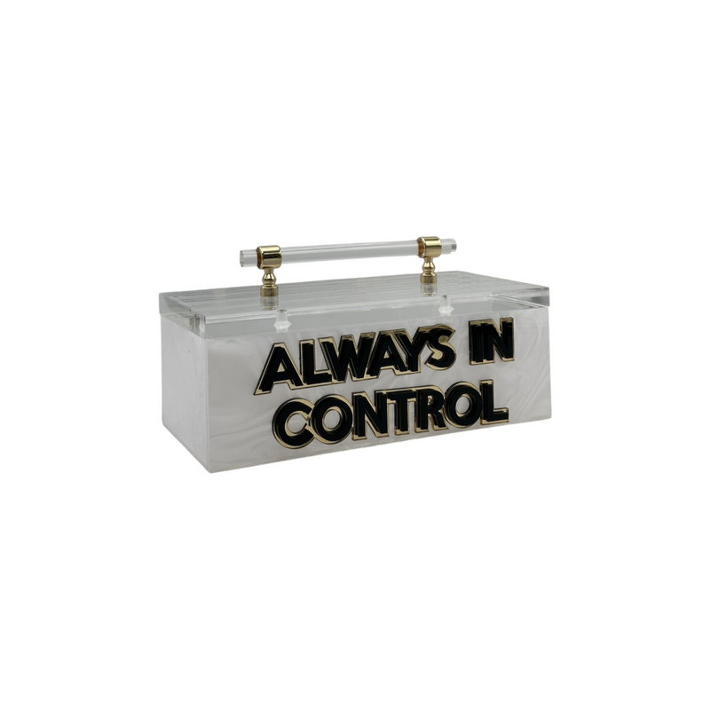 acrylic remote control box in white marble that says ALWAYS IN CONTROL in double layer lettering.