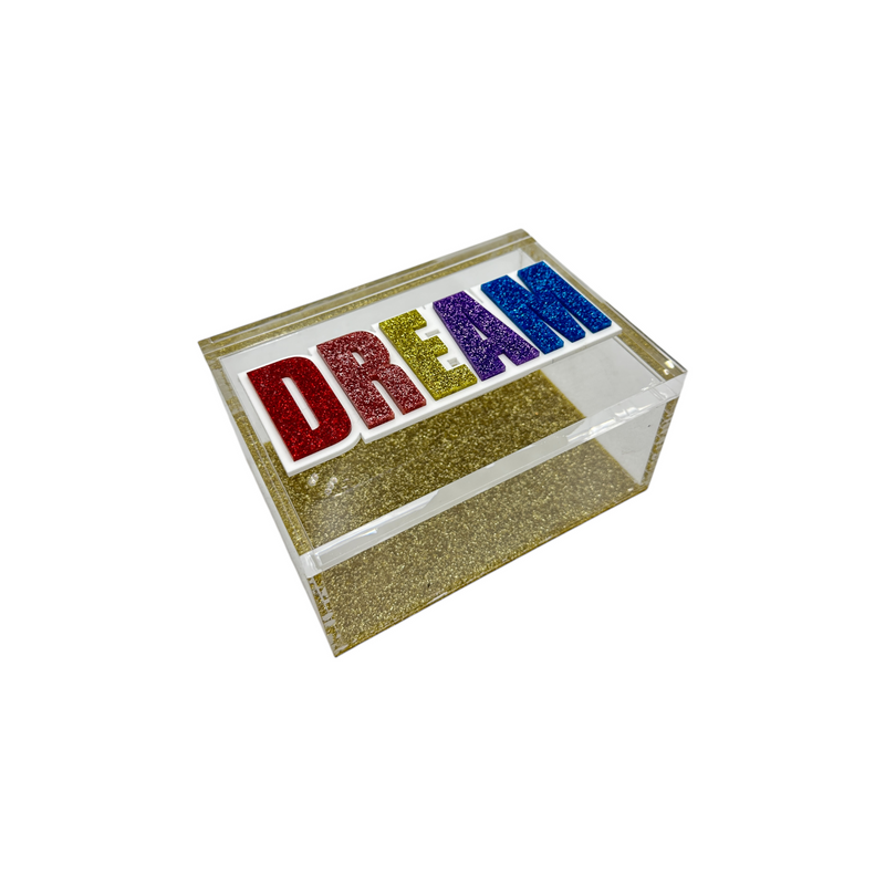 DREAM clear acrylic decor box with gold sparkle bottom and rainbow acrylic letters