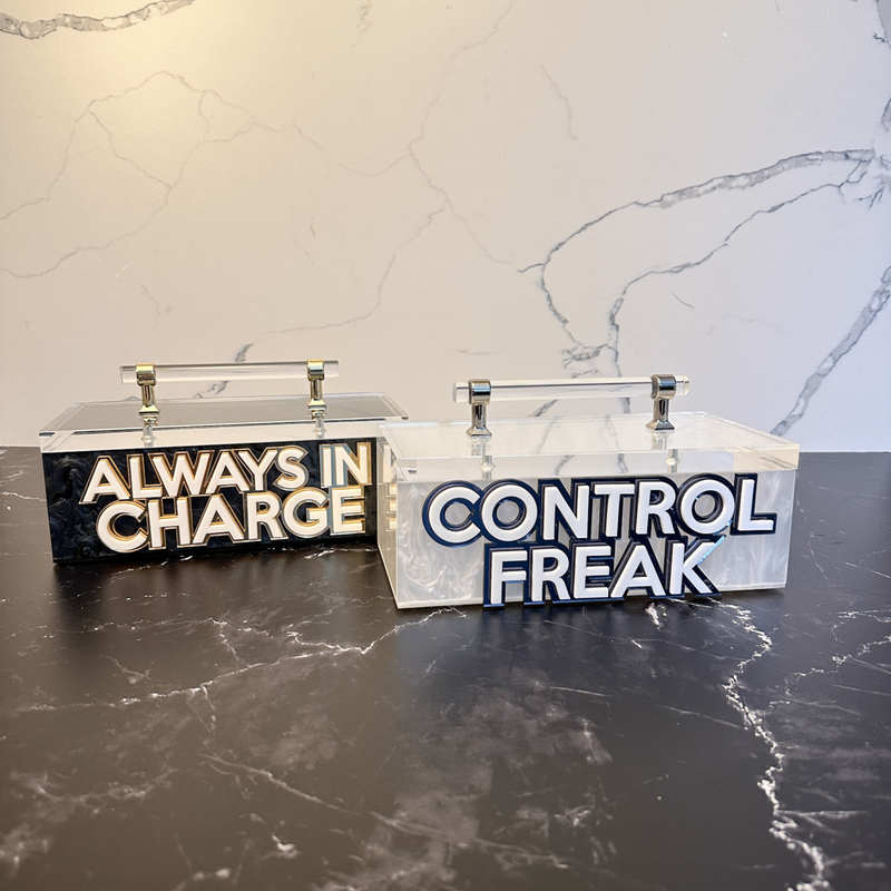 ALWAYS IN CHARGE & CONTROL FREAK remote control boxes with double layer letters, customize box color, fonts colors and handle detail.