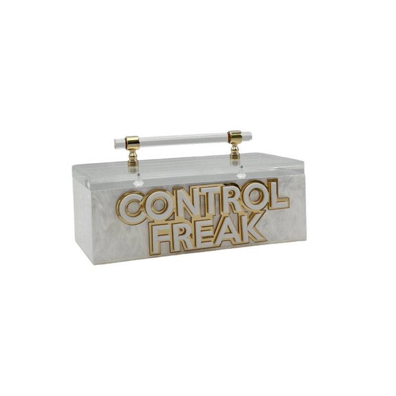 acrylic storage box with handle that says CONTROL FREAK in gold and white double layer letters, great for the movie lover.