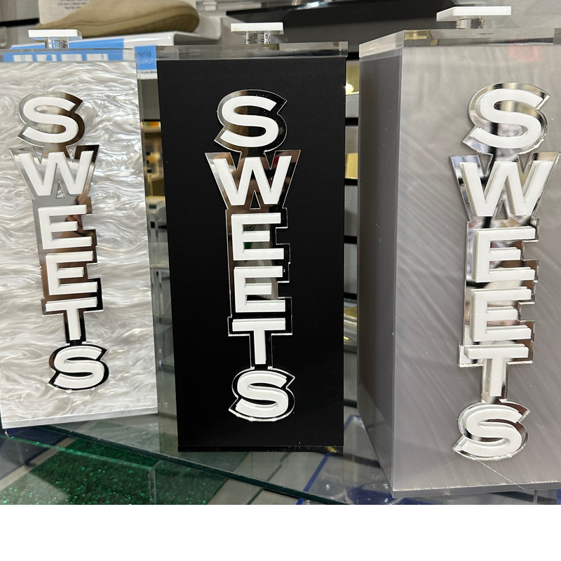 personalized canisters with the word SWEETS written in double layer lettering.