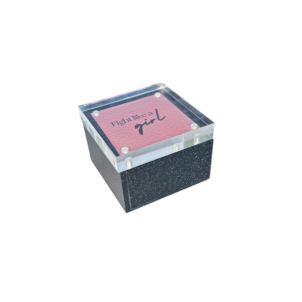 black sparkle acrylic magnetic photo box with a quote saying Fight like a girl.