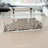 LIFE IS SWEET 3 part candy canister on a kitchen countertop with candy.