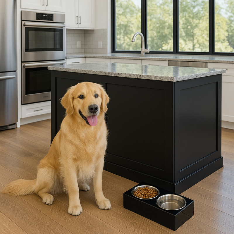 Dog sitting on a kitchen floor with a n acrylic black pet feeding station and bowls.