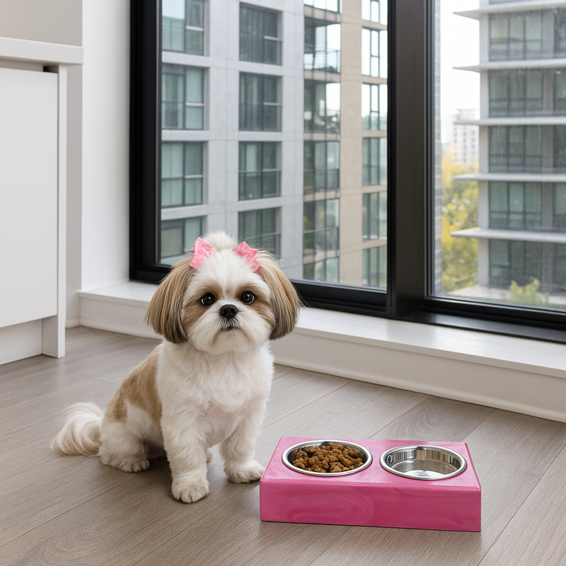 dog sitting next to an acrylic pink marble pet bowl sitting on a wooden floor.