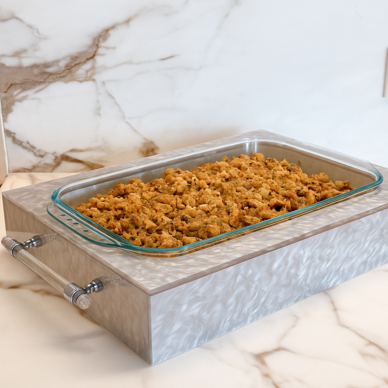 custom acrylic pyrex with holiday stuffing on marble counter for luxury entertaining 