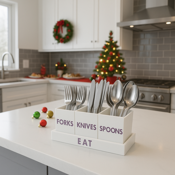 Cutlery holder with forks, knives, and spoons on a kitchen counter with Christmas decorations.