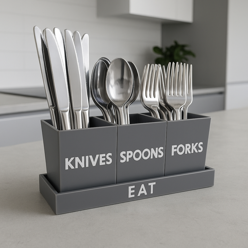 Gray cutlery organizer with labeled sections for knives, spoons, and forks on a kitchen counter.
