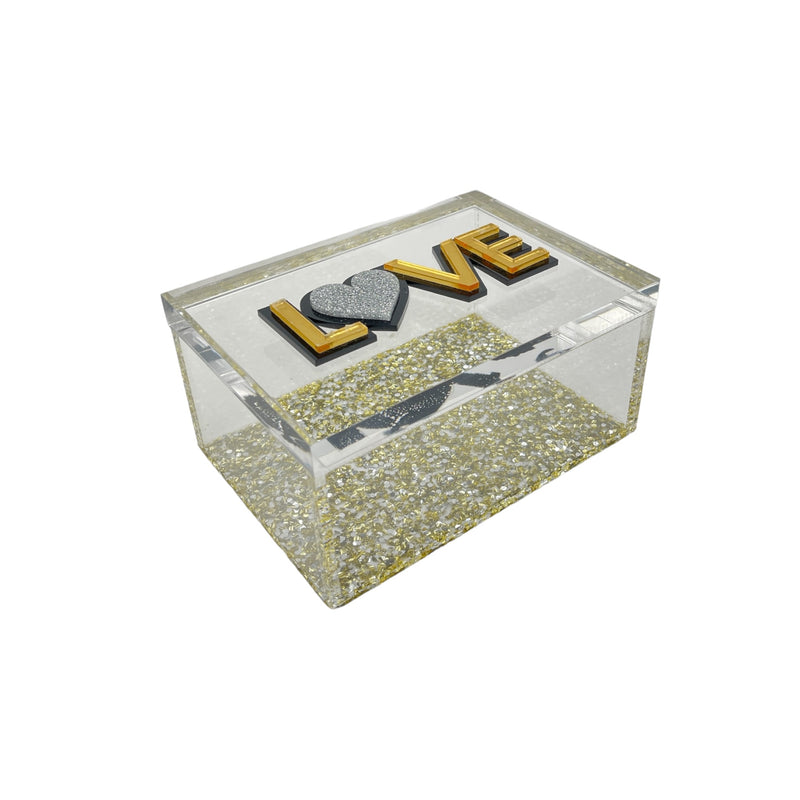 love decor box with clear sides and lid that says LOVE in double layer lettering and colored bottom
