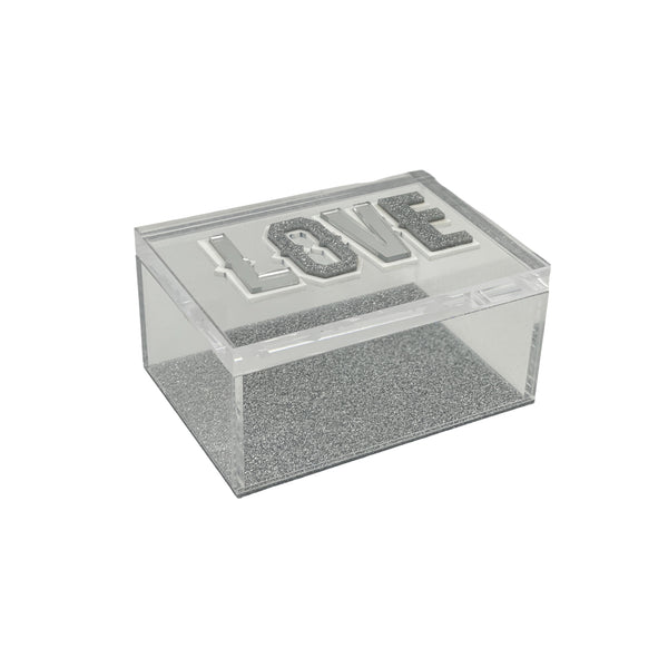 love decor box with clear sides and lid that says LOVE in mirror and silver double layer lettering and silver sparkle bottom