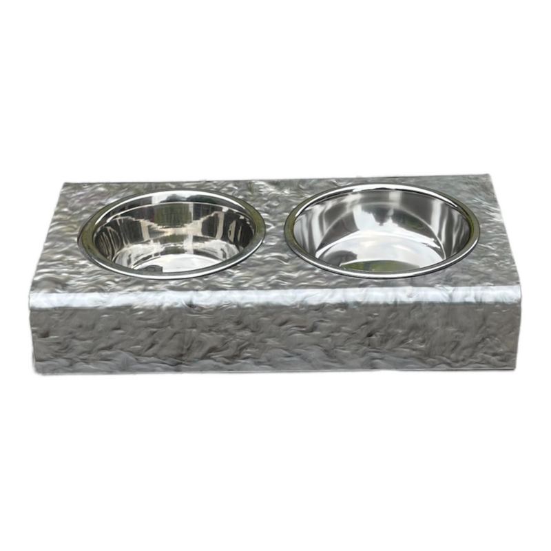 silver marble bite-size acrylic pet bowls, can be personalized with pet's name using double letter acrylic