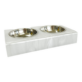 white marble bite-size acrylic pet bowls, can be personalized with pet's name using double letter acrylic