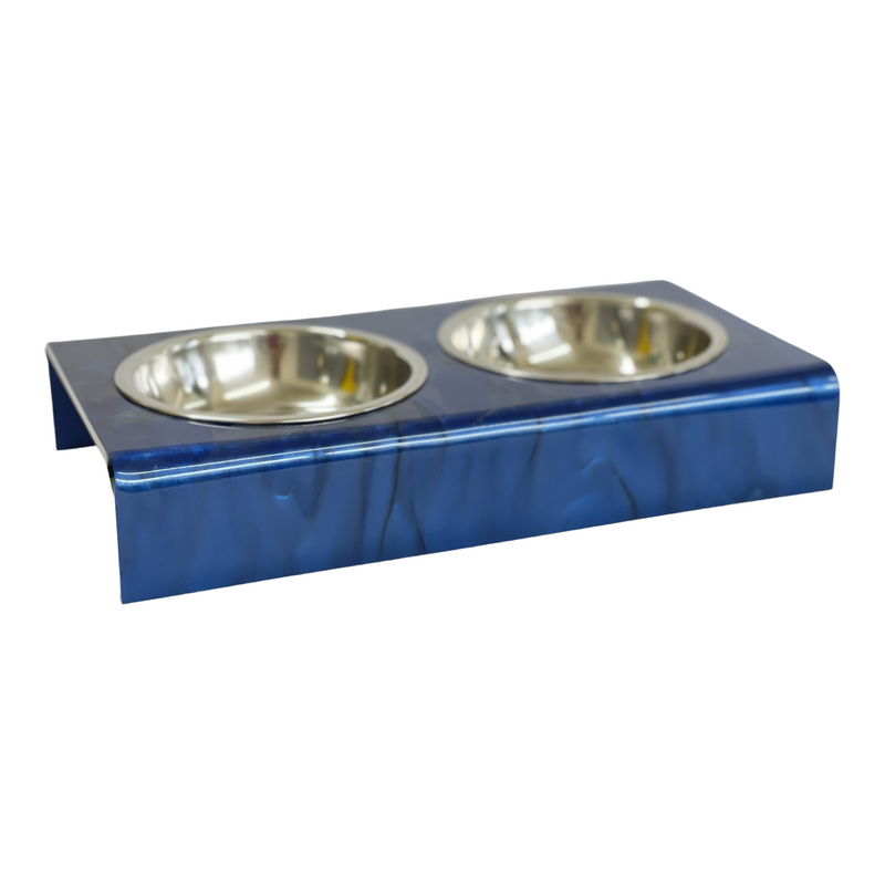 Blue Marble bite-size acrylic pet bowls, can be personalized with pet's name using double letter acrylic