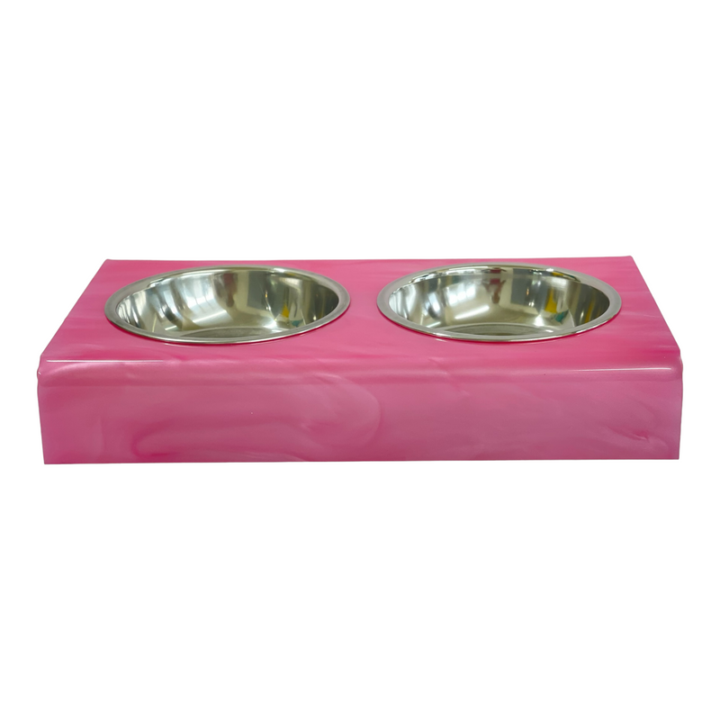 pink marble bite-size acrylic pet bowls, can be personalized with pet's name using double letter acrylic