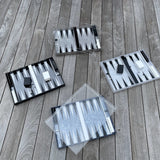 backgammon sets in blue ribbon, black, silver, white marble acrylic, clear acrylic lid 