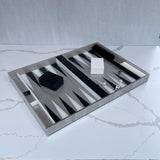Backgammon set in silver marble and white and black detail, clear acrylic lid