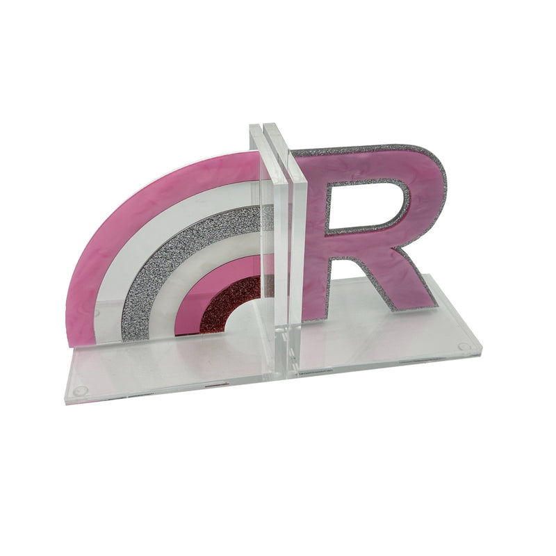 rainbow and double layered initial R bookends in pinks and silver colors