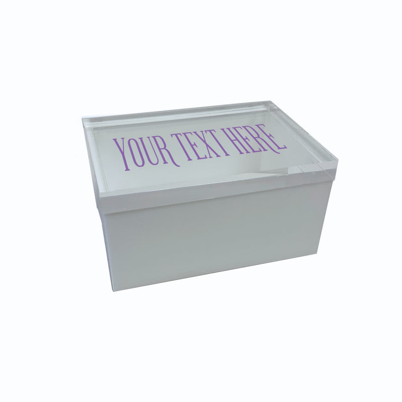 personalized decor box with colored box and clear acrylic lid saying YOUR TEXT HERE so you can add a single or double layer of lettering.  