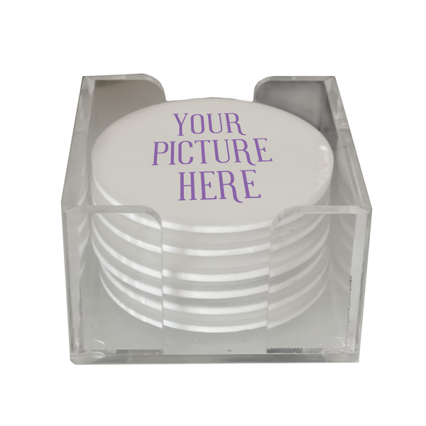 a set of 6 round coasters in holder that says your picture here showing you that you can personalize them with an image, design or logo