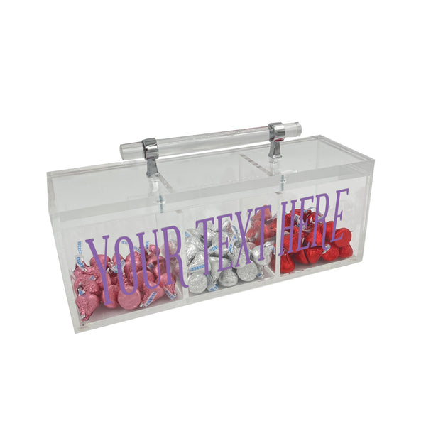a 3 section candy box with lid and handle that says add your text here showing you can personalize this box with your own words.