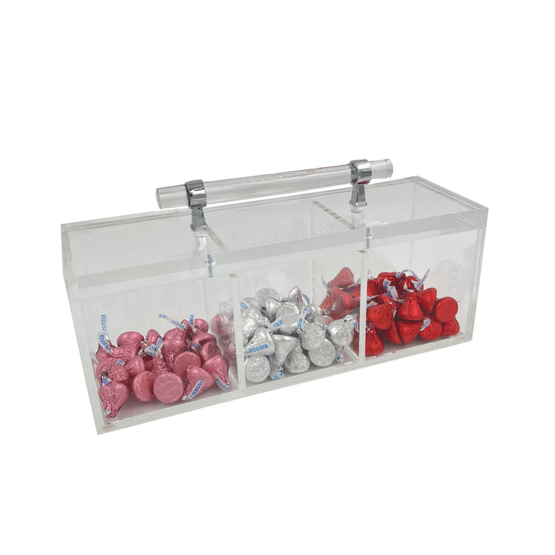 clear acrylic candy box displayed with different colored candy inside. 