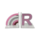 personalized rainbow & initial bookend set in pinks, silver and white tones