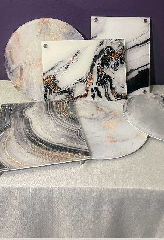 Acrylic marble print lazy susans and raised cheese boards