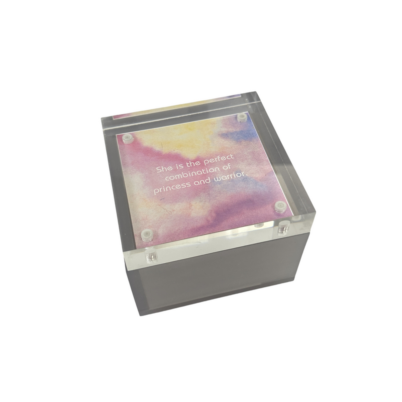 shimmer acrylic magnetic photo box with a quote saying She is the perfect combination of princess and warrior.