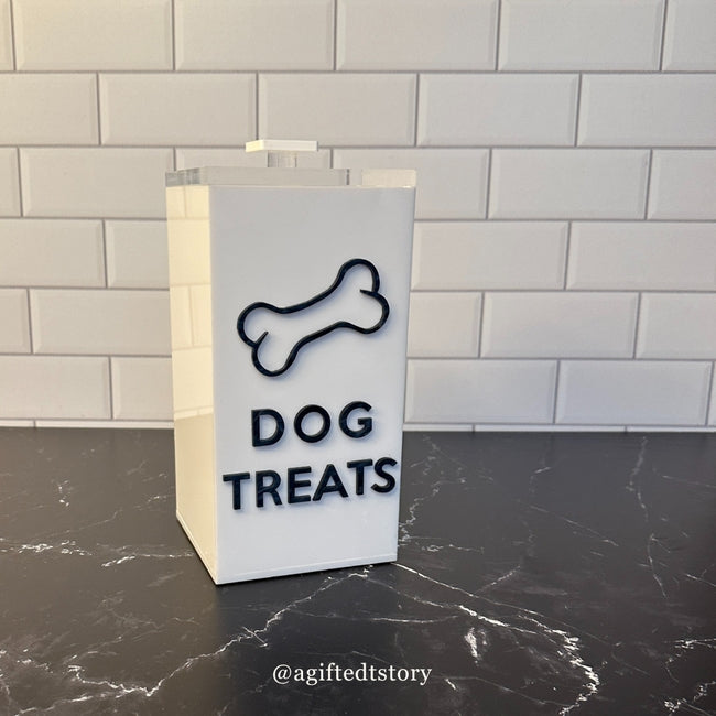 pet canister with the words DOG TREATS and a bone decal, great for your fur babies treats.