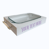 personalized pyrex holder in white showing where you can add a saying