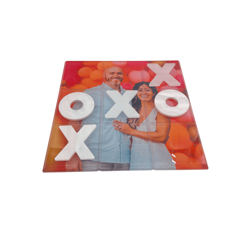 Personalized Photo Tic Tac Toe Game with photo of couple at engagement party ing another puppy, X &O pieces are white marble  