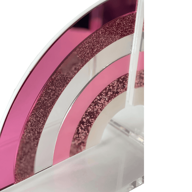 over the rainbow bookends in pink mirror, pink sparkle, clear mirror