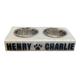 White Marble Pet bowl personalized in black acrylic lettering, HENRY, PAW PRINT, CHARLIE