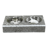 Silver Marble bite-size acrylic pet bowls, can be personalized with pet's name using single letter acrylic