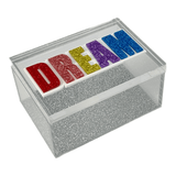 DREAM clear acrylic box with silver sparkle bottom and colorful acrylic lettering