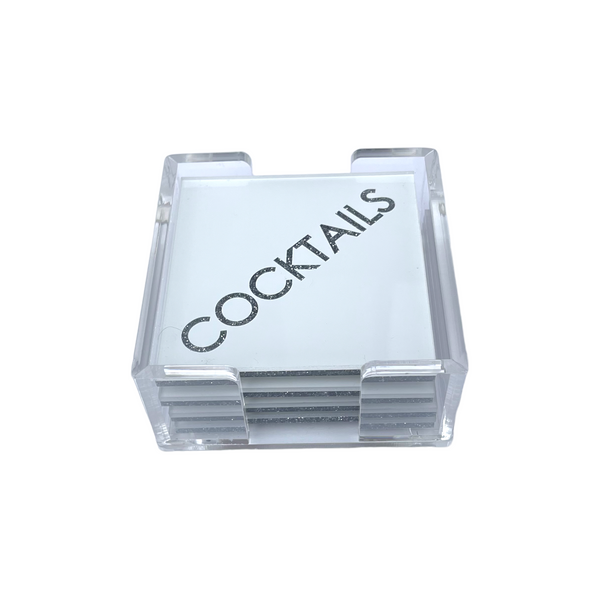 acrylic coasters are white & say "COCKTAILS" in silver. sparkle