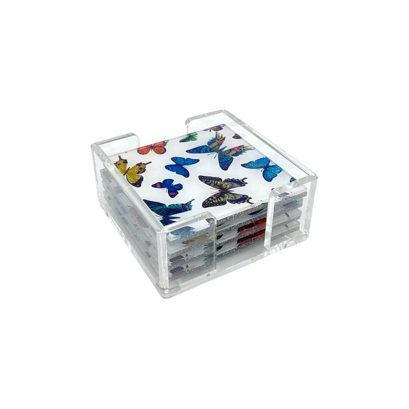 side image of multi color coasters, blue, yellow, orange, green, purple color butterflies.