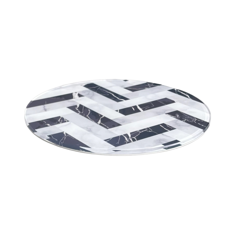 lazy susan with chevron print including a rotating base for easy access to condiments or food.