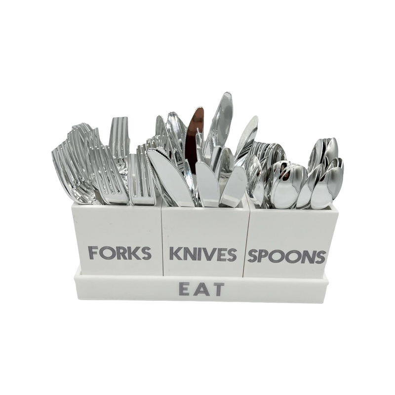  white solid utensil caddyutensil holder with forks, knives and spoons displayed in the caddy