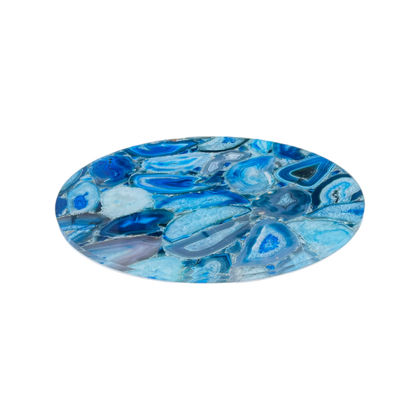 custom lazy susan including a blue agate print and on a rotating base for easy access for fodds or condiments.